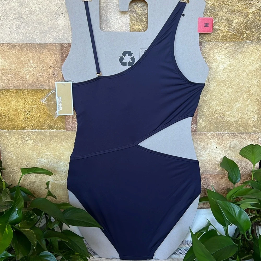 NEW Michael Kors One Shoulder O-Ring Blue Cut-Out One Piece Swimsuit, Size 10